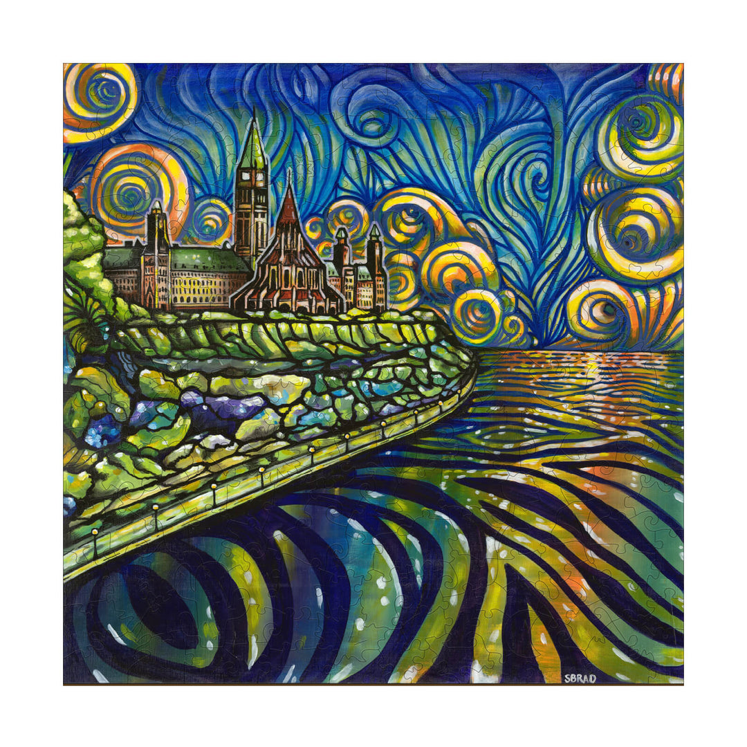 Parliament Glow artwork by Sarah Bradfield, featuring vibrant colors and swirling patterns of Ottawa's Parliament Hill.