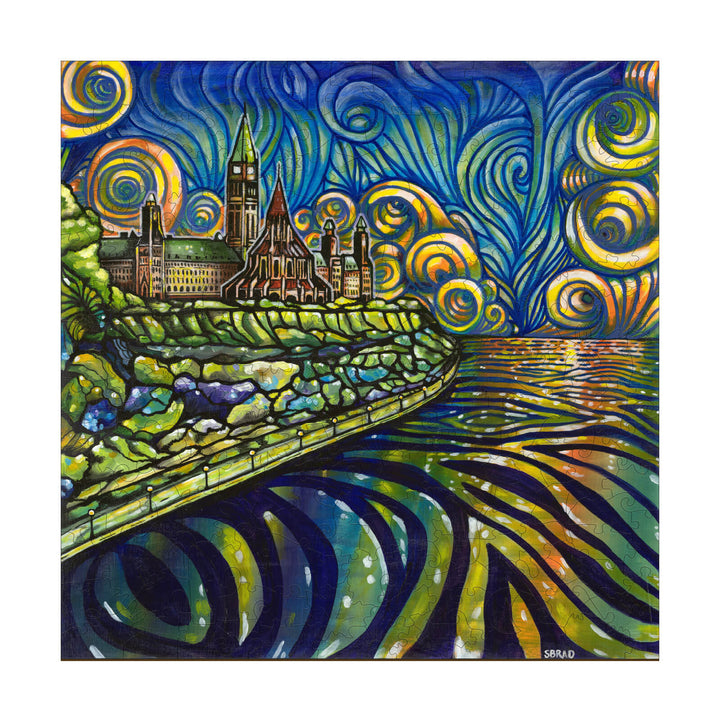 Parliament Glow artwork by Sarah Bradfield, featuring vibrant colors and swirling patterns of Ottawa's Parliament Hill.
