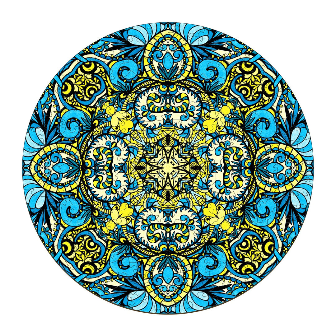 Colorful doodle art mandala with blue and yellow patterns, inspired by artist Lori Anne McKague.