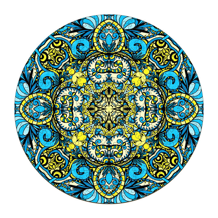 Colorful doodle art mandala with blue and yellow patterns, inspired by artist Lori Anne McKague.