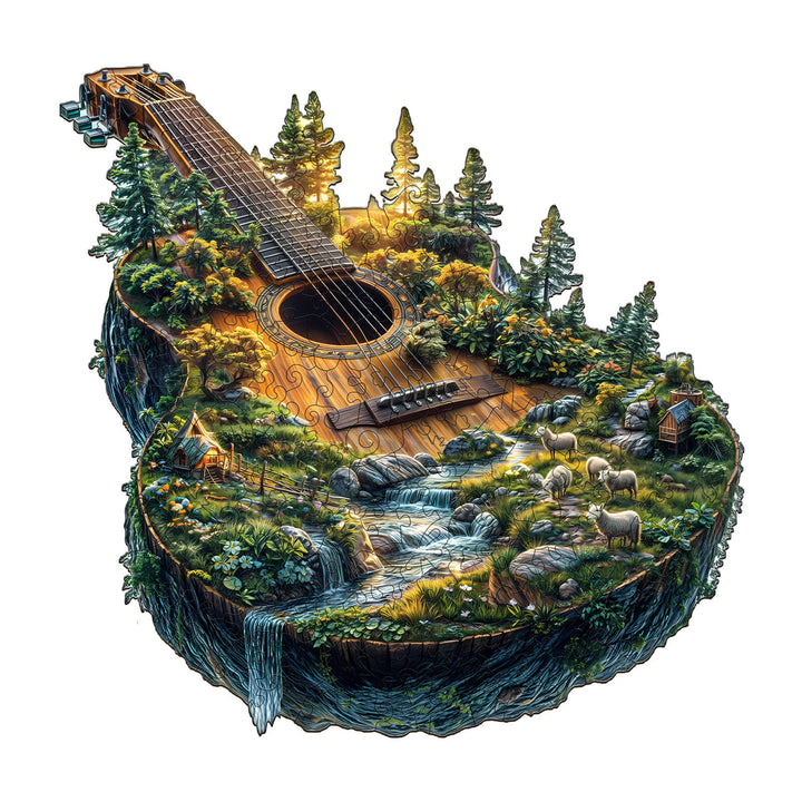 Forest guitar wooden jigsaw puzzle featuring vibrant landscape, trees, and a serene waterfall for mind games.
