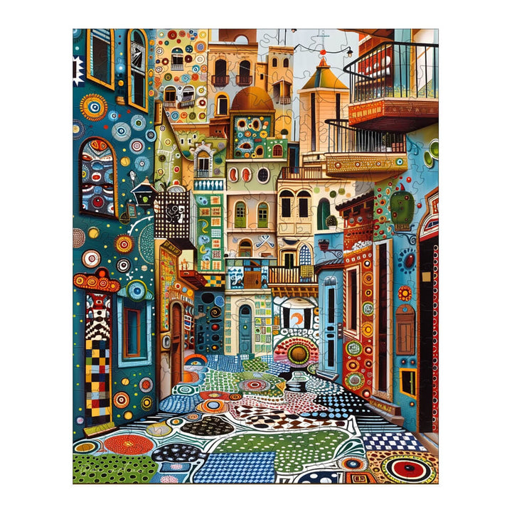 Colorful street art by Pietro Gallo, featuring vibrant patterns and architecture, perfect for artistic inspiration.