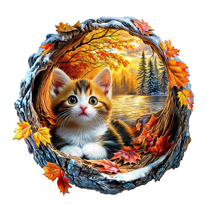 3D Kitten in Autumn Wooden Jigsaw Puzzle - Woodbests