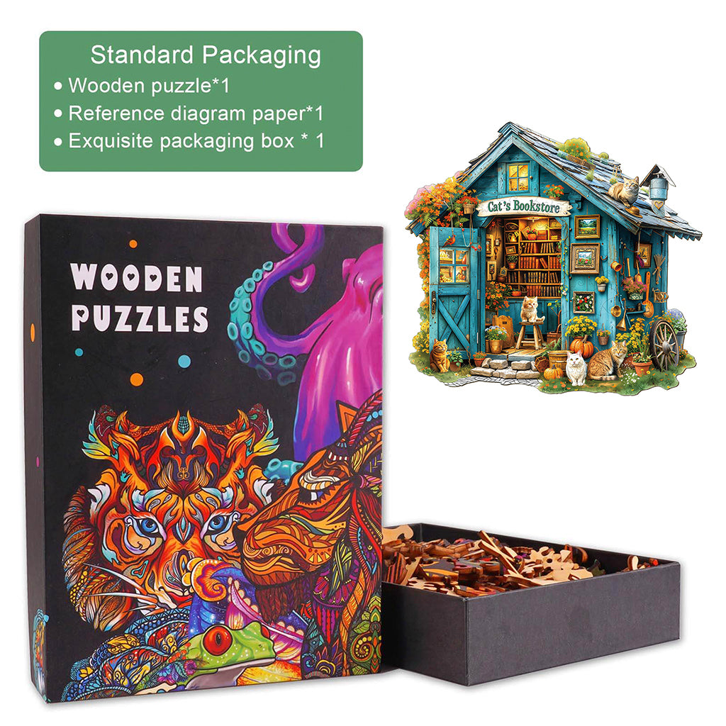 Cat's Bookstore Wooden Jigsaw Puzzle