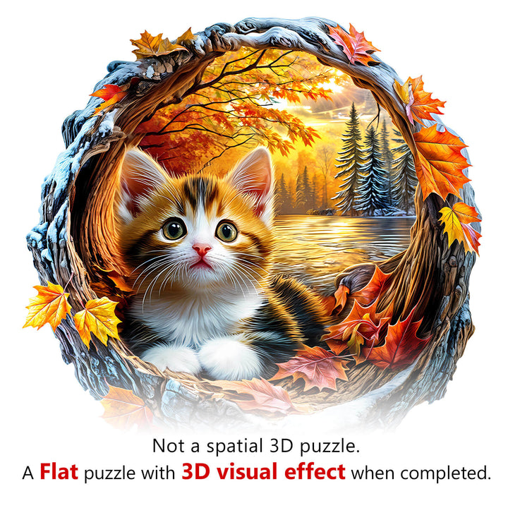 3D Kitten in Autumn Wooden Jigsaw Puzzle - Woodbests