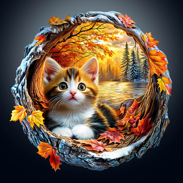 3D Kitten in Autumn Wooden Jigsaw Puzzle - Woodbests