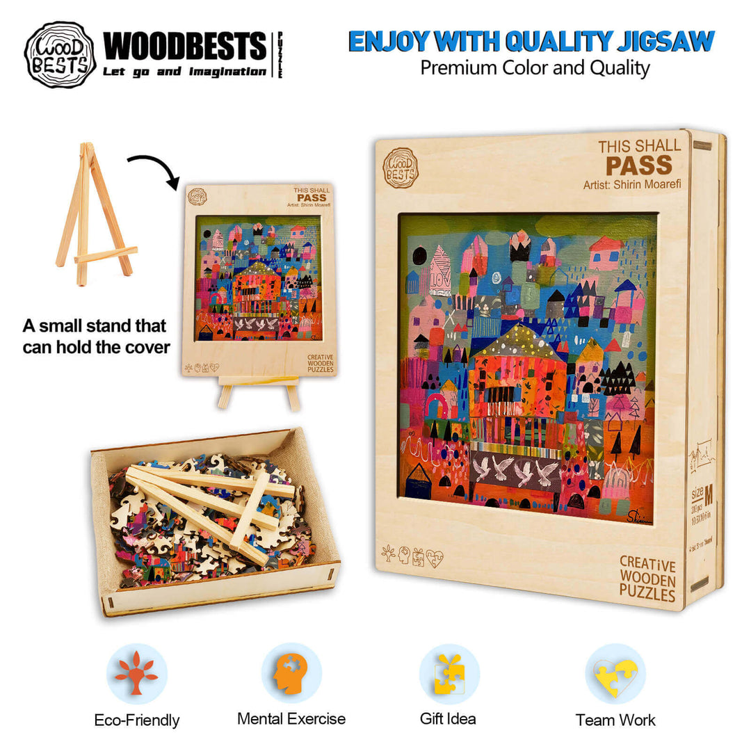 Premium jigsaw puzzle 'This Shall Pass' by Shirin Moarefi, featuring colorful wooden pieces for creative fun.