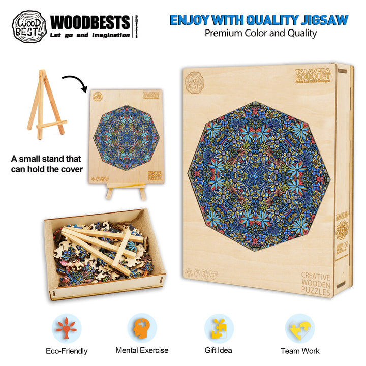 Mandala Talavera Bouquet jigsaw puzzle by Woodbests, featuring vibrant doodle art and eco-friendly design for fun and teamwork.