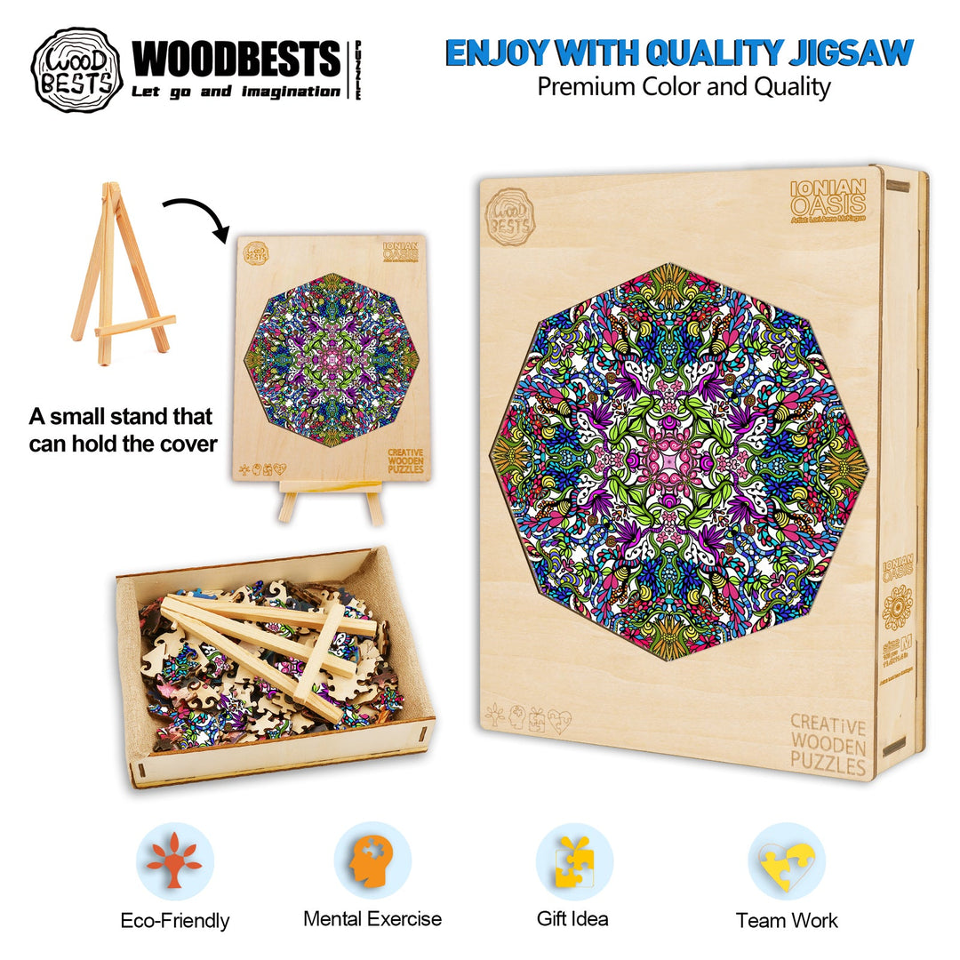 Colorful wooden jigsaw puzzle by Woodbests featuring intricate doodle art by Lori Anne McKague, promoting creativity and teamwork.