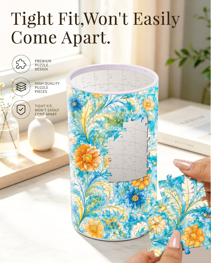 DIY Dimmable Acrylic Cylindrical Puzzle Lamp - Azure Floral Rhapsody