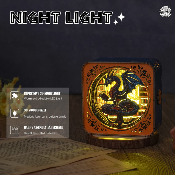 Library Dragon Kit - 3D Wooden Puzzle Night Light - By Woodbests