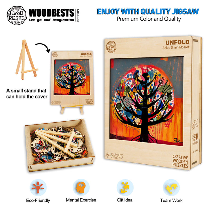 Unfold jigsaw puzzle by Shirin Moarefi, showcasing vibrant tree art, eco-friendly design, and quality craftsmanship.