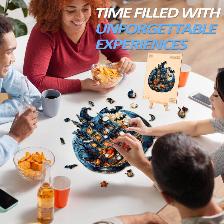 Group of friends enjoying the Halloween Pumpkin wooden jigsaw puzzle, having fun and sharing snacks together.