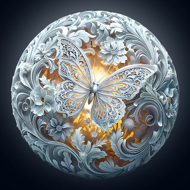 Intricate wooden puzzle featuring a butterfly surrounded by floral designs, perfect for jigsaw puzzle enthusiasts.