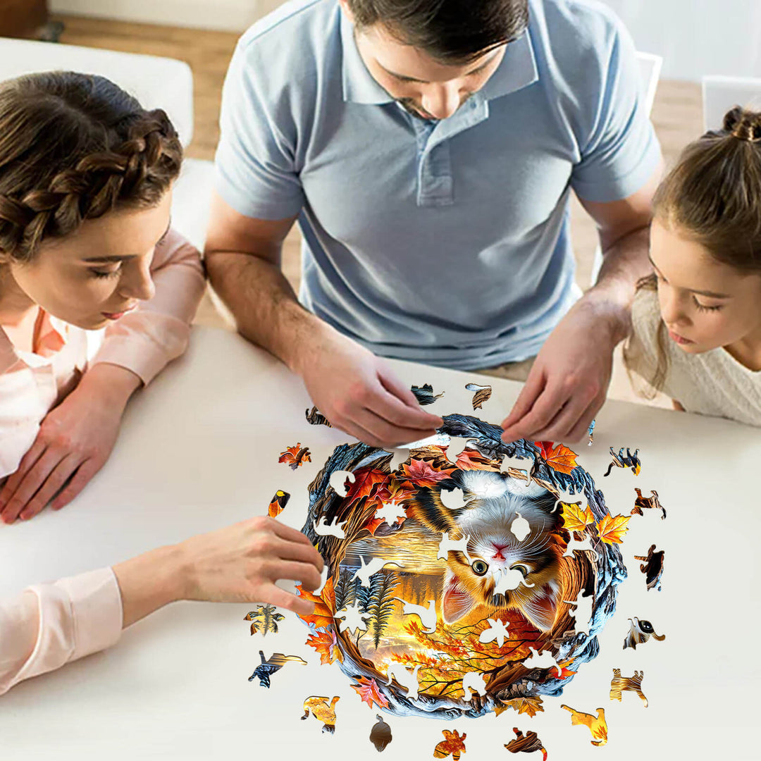 3D Kitten in Autumn Wooden Jigsaw Puzzle - Woodbests