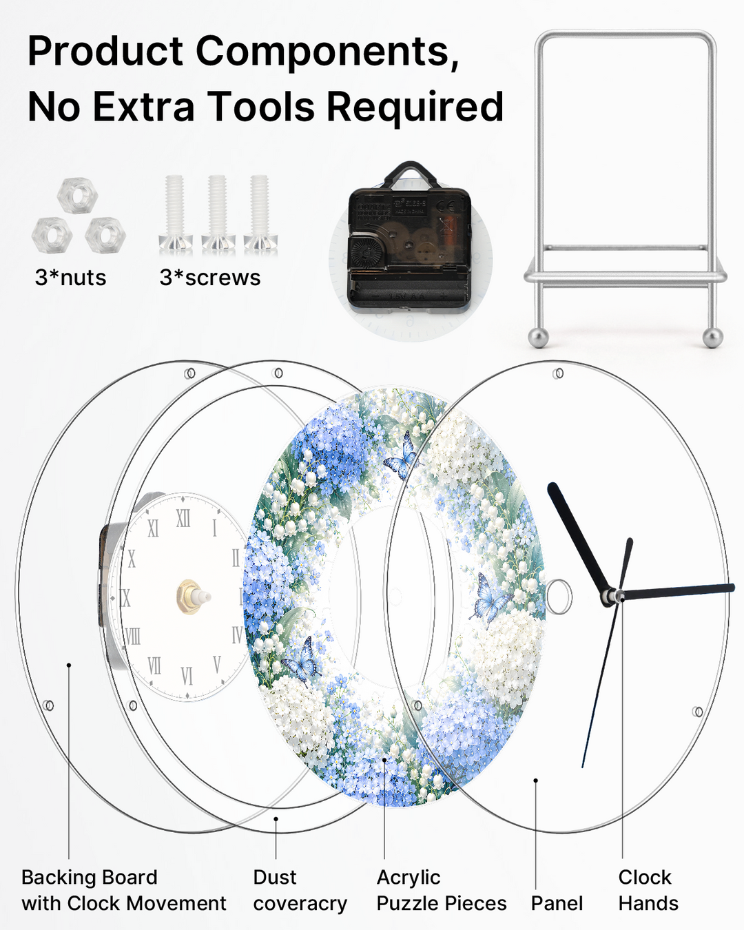 DIY Acrylic Puzzle Clock Kit - Blue Hydrangea Garden