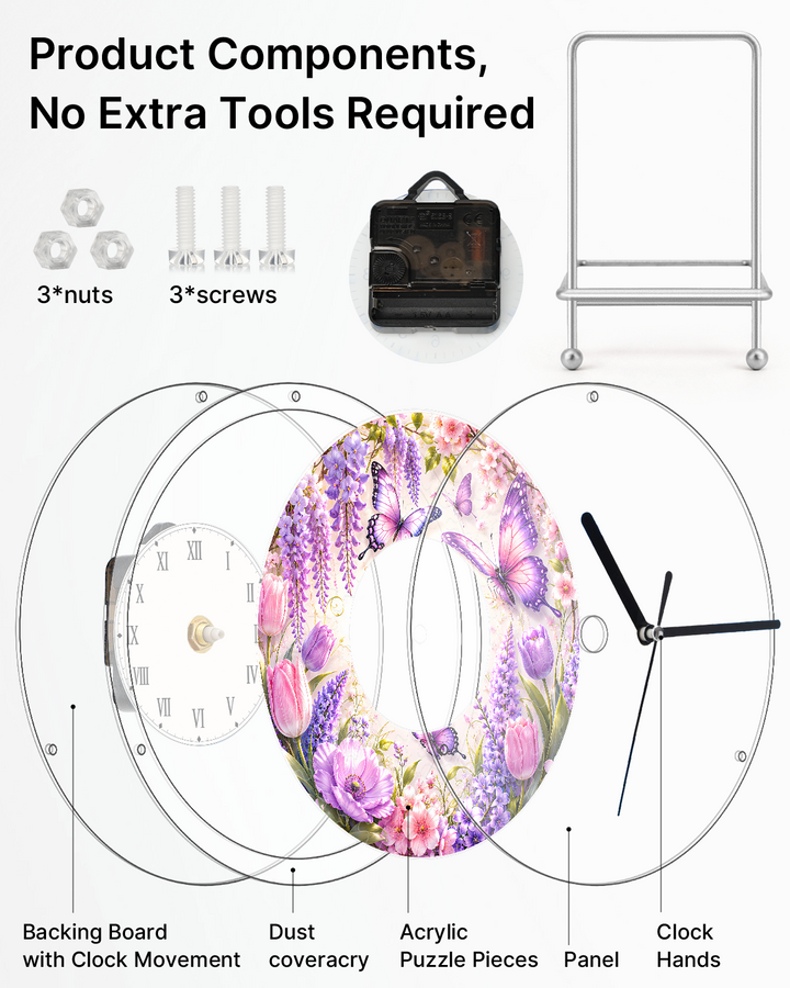 DIY Acrylic Puzzle Clock Kit - Purple Wisteria Butterflies
