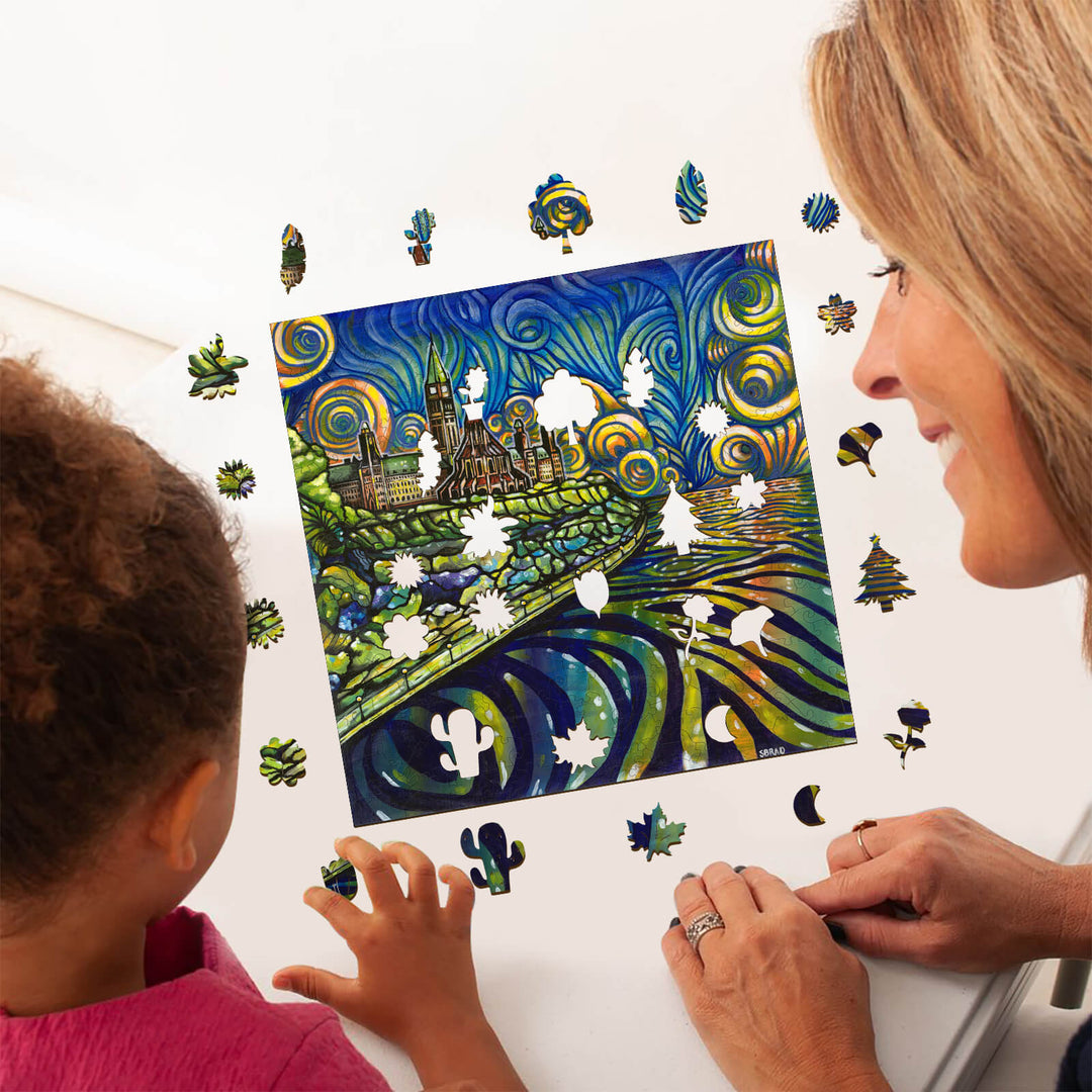 Mother and child assembling a colorful puzzle inspired by art, promoting creativity and bonding time.