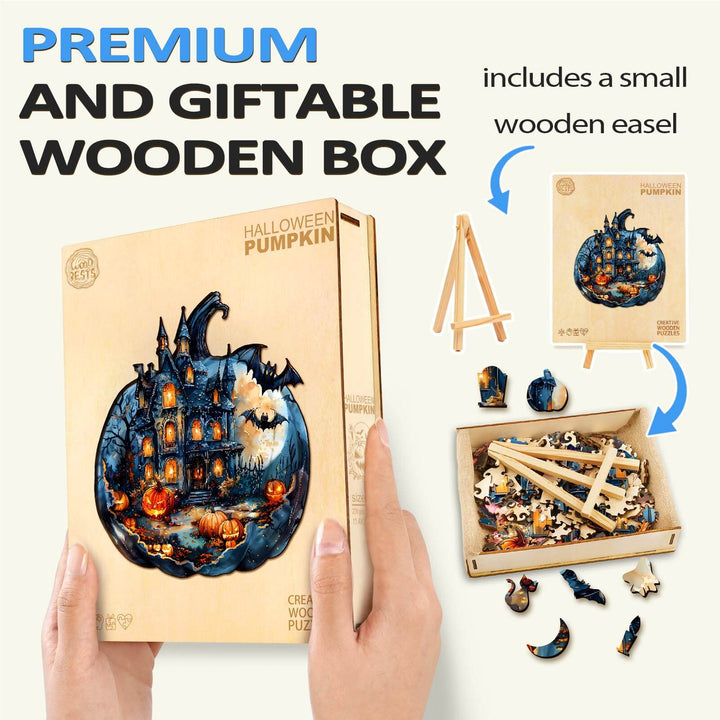 Halloween Pumpkin Wooden Jigsaw Puzzle in a premium gift box with wooden easel, perfect for mind games and focus.
