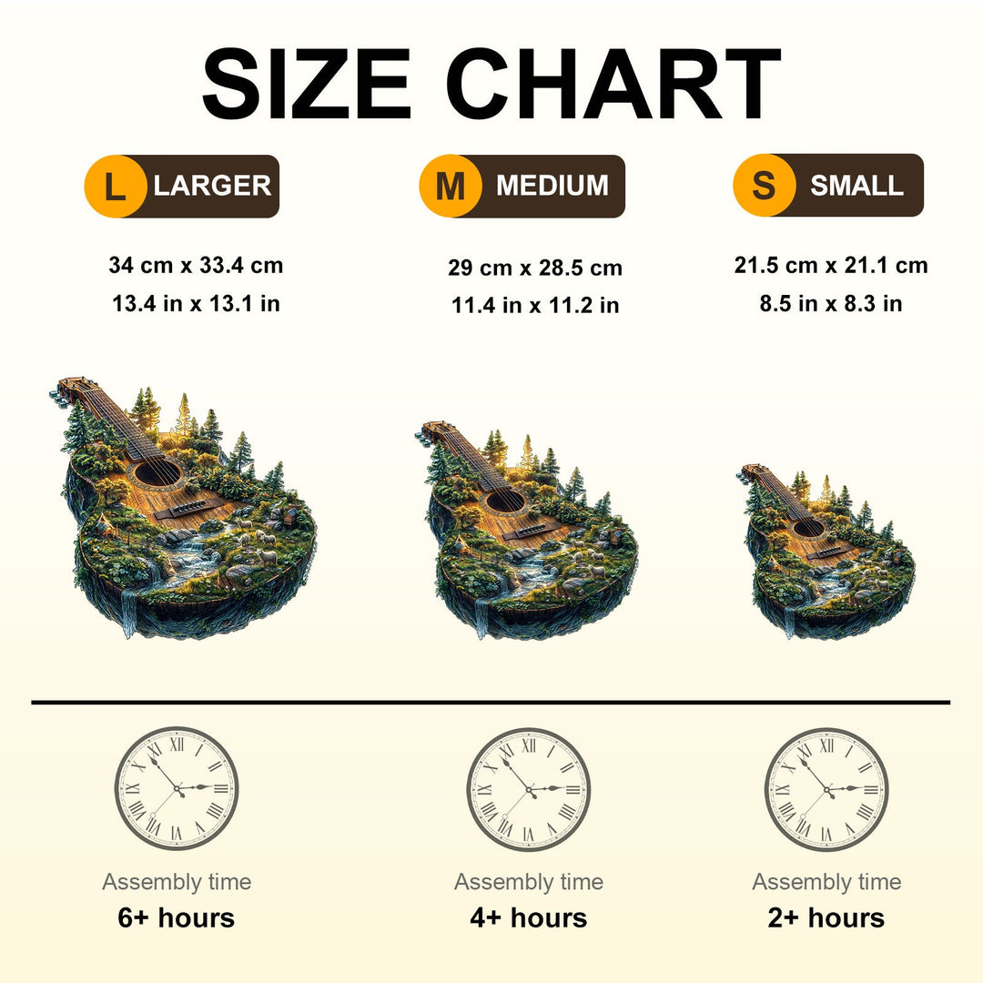 Size chart for Forest guitar wooden jigsaw puzzle with assembly times for large, medium, and small options.