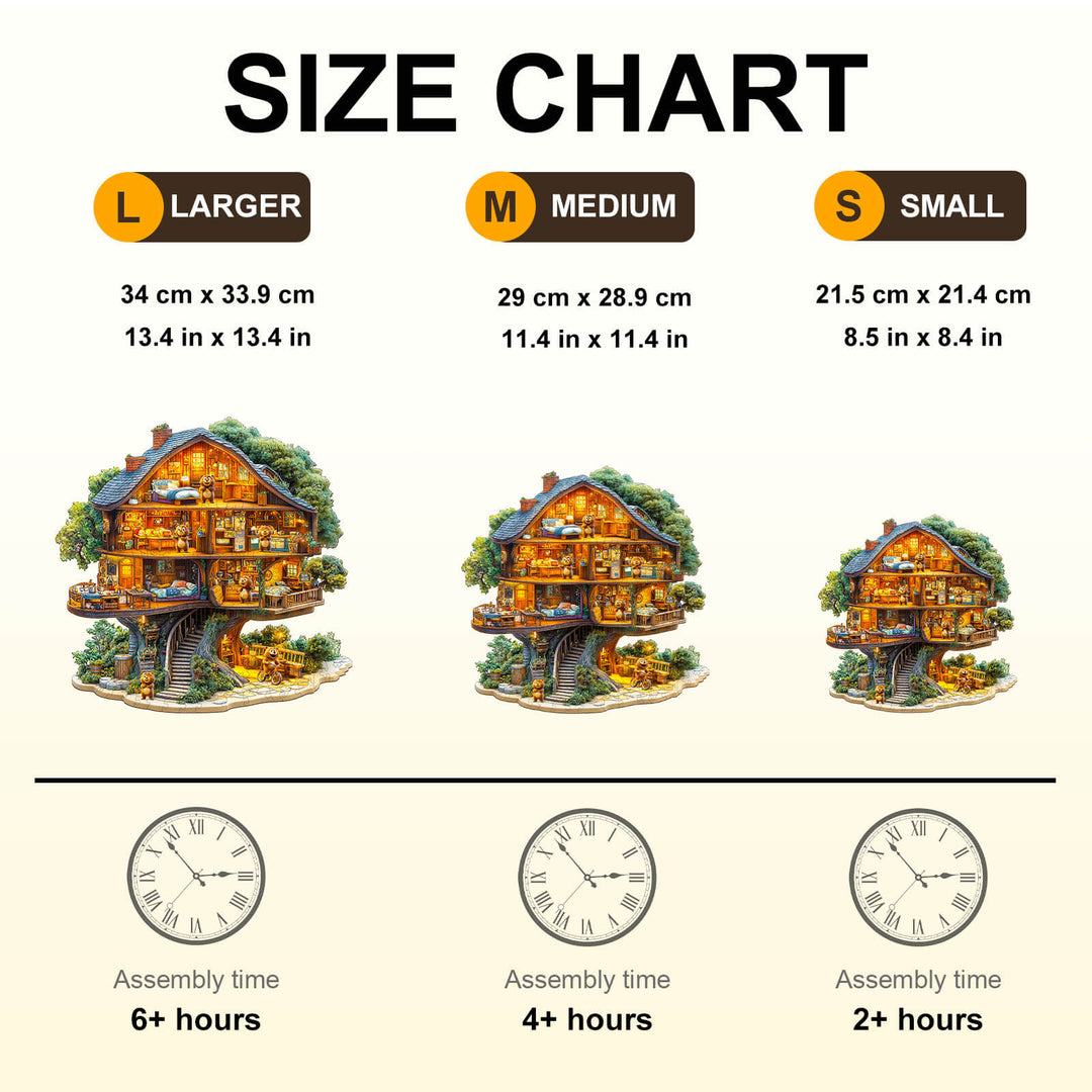 Bear House Wooden Jigsaw Puzzle size chart with measurements and assembly time for large, medium, and small puzzles.