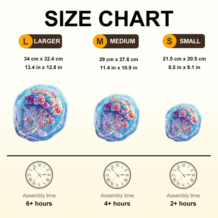 Size chart for Flower Jellyfish Wooden Jigsaw Puzzle displaying dimensions and assembly times for three sizes.