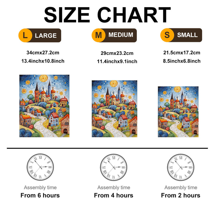 Size chart for artwork prints showing dimensions and assembly times for large, medium, and small options.