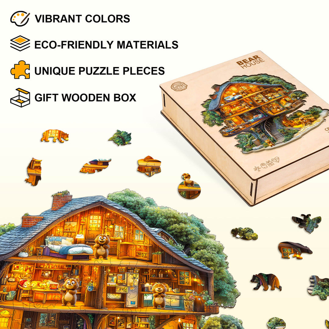 Bear House Wooden Jigsaw Puzzle with vibrant colors, eco-friendly materials, unique pieces, and gift wooden box.