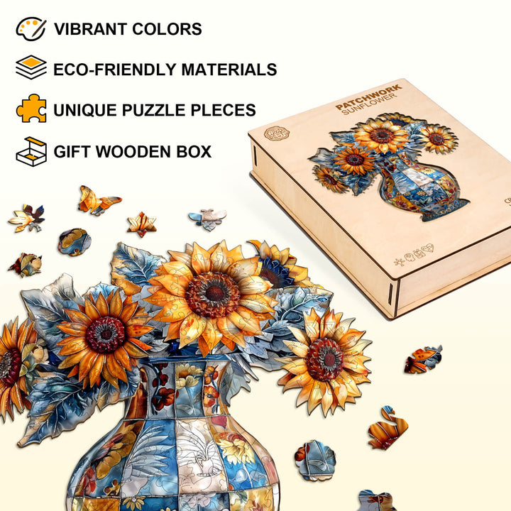 patchwork sunflower Wooden Jigsaw Puzzle