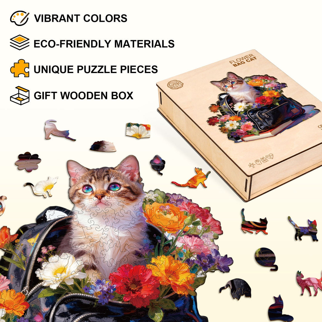 Flower Bag Cat Wooden Jigsaw Puzzle