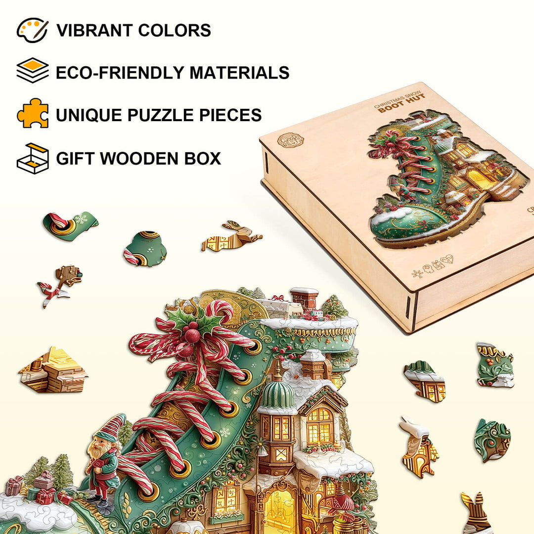 Christmas snow Boot Hut Wooden Jigsaw Puzzle