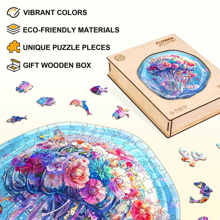 Flower Jellyfish wooden jigsaw puzzle featuring vibrant colors, eco-friendly materials, and unique pieces in a gift box.