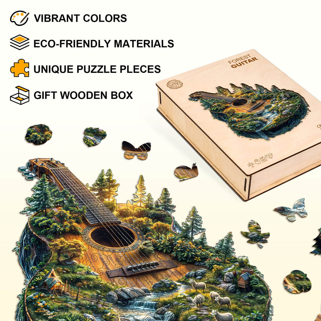 Forest guitar jigsaw puzzle with vibrant colors, eco-friendly materials, and unique pieces in a gift box.