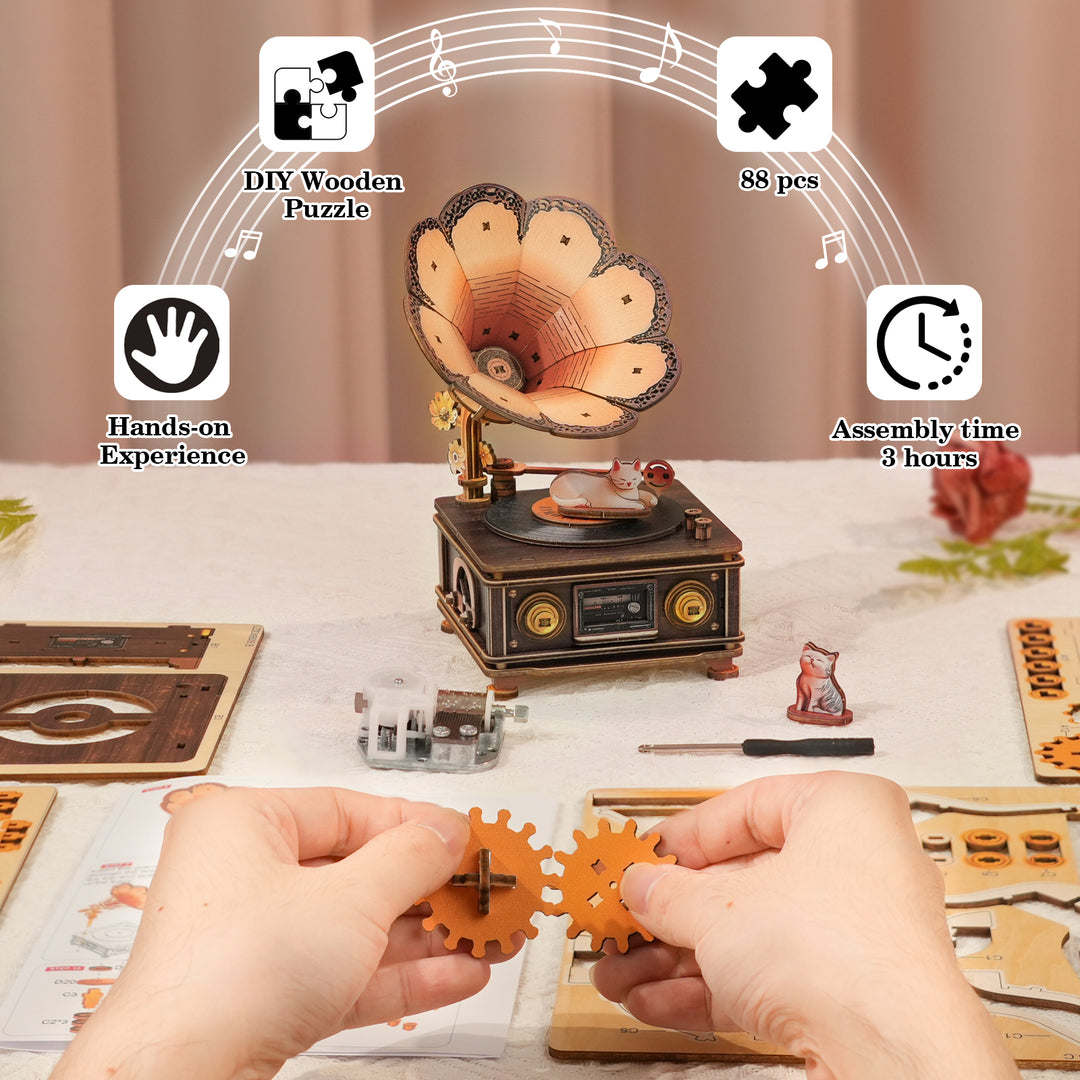 Nostalgic Cats – DIY Wooden Music Box, 3D Puzzle Craft Kit