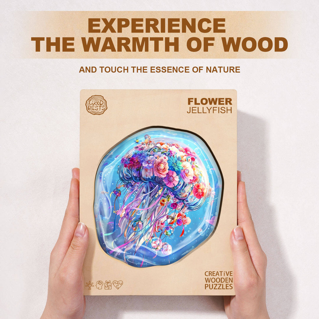 Flower Jellyfish wooden jigsaw puzzle box showcasing vibrant design, promoting focus and brain activity through fun gameplay.