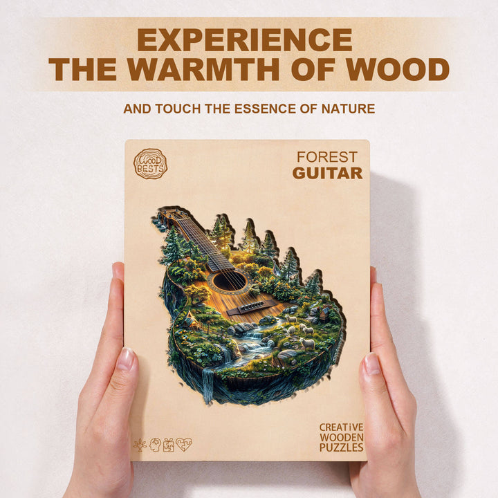 Forest guitar wooden jigsaw puzzle, combining nature's essence with creative puzzle-solving for enhanced focus and fun.