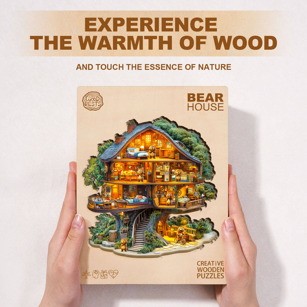 Bear House wooden jigsaw puzzle box showcasing intricate design and nature-inspired elements.