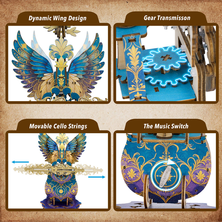 Blue Feather Cello– DIY Wooden Music Box, 3D Puzzle Craft Kit