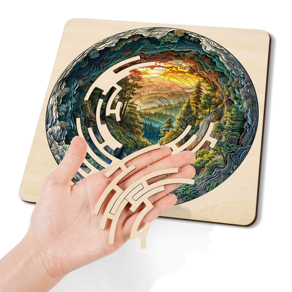 Hand holding pieces of the Maze Puzzles¡ªGreen Stream, showcasing intricate nature-themed jigsaw design for brain training.