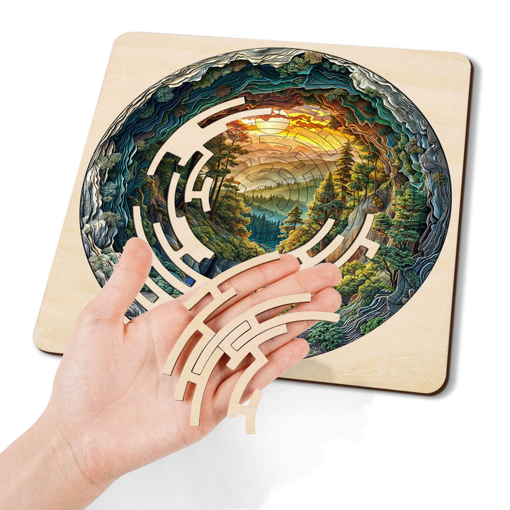Hand holding pieces of the Maze Puzzles¡ªGreen Stream, showcasing intricate nature-themed jigsaw design for brain training.