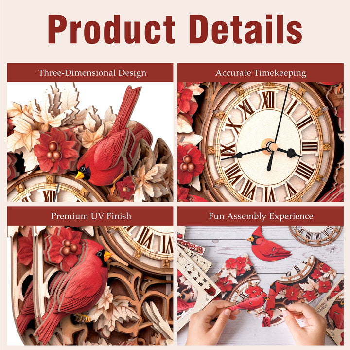 Cardinal-DIY Wooden Clock, 3D Puzzle Craft Kit