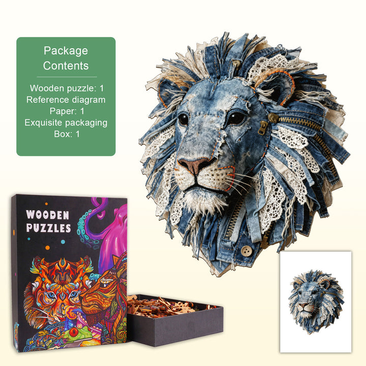 Denim Fabric Lion Wooden Jigsaw Puzzle