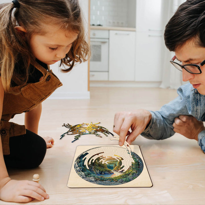 A child and adult happily solving a Maze Puzzles¡ªGreen Stream on the floor, enhancing focus and cognitive skills.