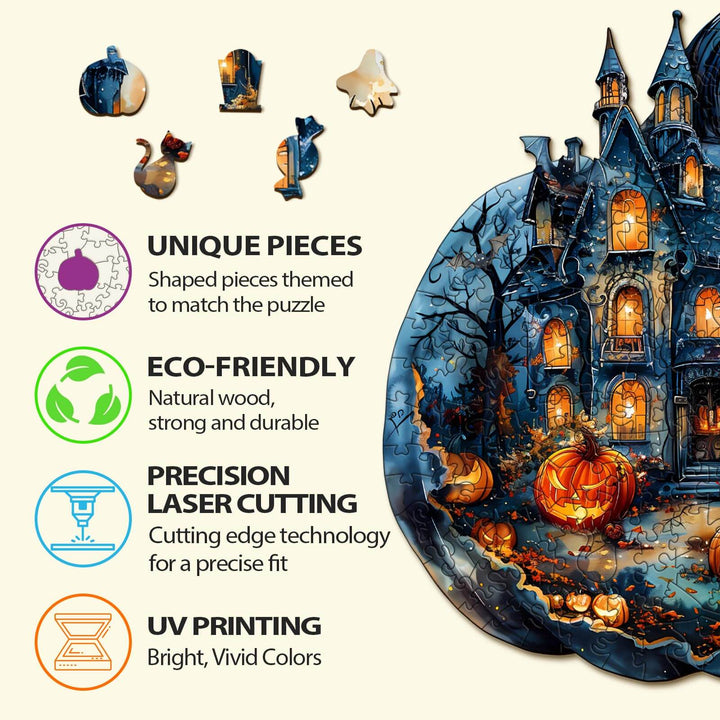 Halloween Pumpkin Wooden Jigsaw Puzzle features unique eco-friendly pieces, precision laser cutting, and vivid UV printing.