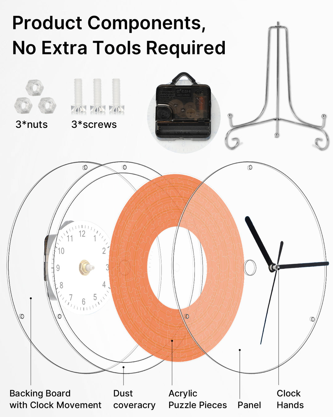 DIY Acrylic Puzzle Clock Kit - Vibrant Orange