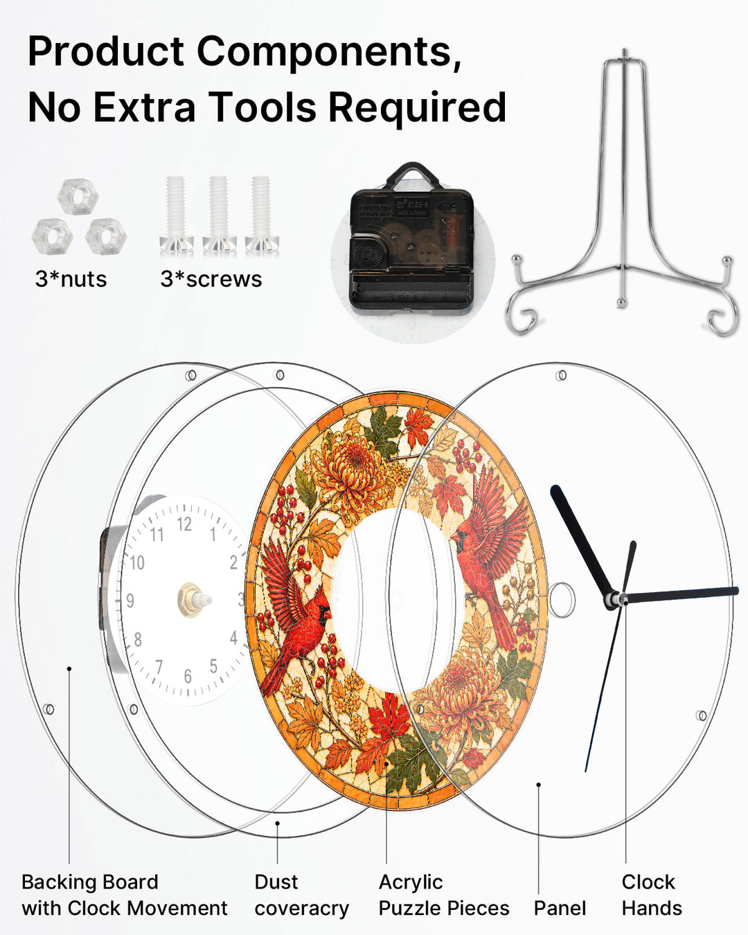DIY Acrylic Puzzle Clock Kit - Autumn Cardinals Foliage