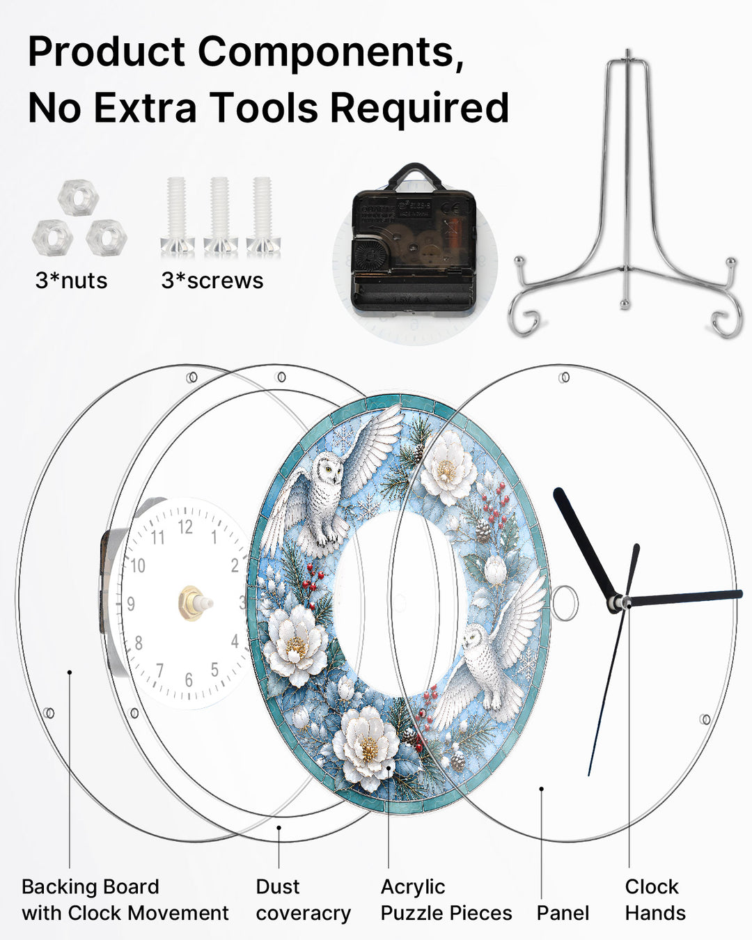 DIY Acrylic Puzzle Clock Kit - Winter Snowy Owls