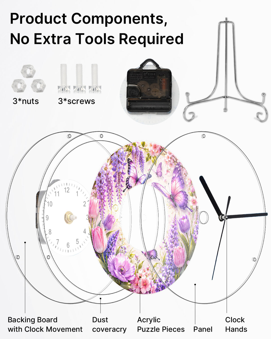 DIY Acrylic Puzzle Clock Kit - Purple Wisteria Butterflies