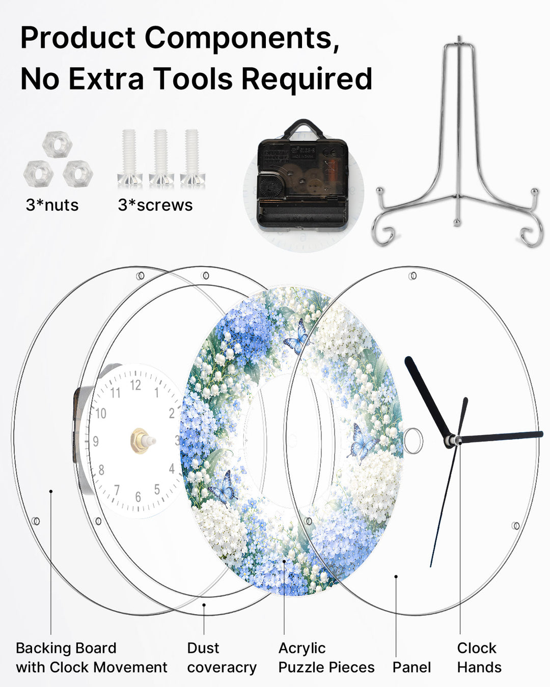 DIY Acrylic Puzzle Clock Kit - Blue Hydrangea Garden