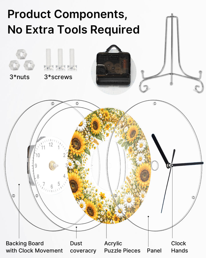 DIY Acrylic Puzzle Clock Kit - Golden Sunflower Field